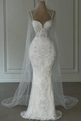 Long White Wedding Dress Mermaid Sweetheart Beaded Sleeveless Bridal Gown With Pearls