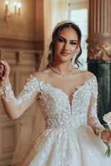 Long White Wedding Dress Scoop Neck A Line Tulle Lace Bridal Gown With Long Sleeves