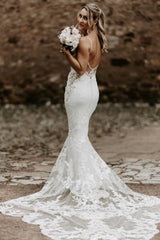 Long White Wedding Dress Spaghetti Straps Mermaid Backless Bridal Gown With Lace
