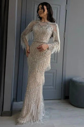 Long Sleeve Prom Dress Bateau Neck Beaded Sheath/Column Formal Dress with Fringes