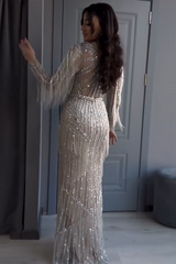 Long Sleeve Prom Dress Bateau Neck Beaded Sheath/Column Formal Dress with Fringes