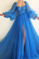 Long Sleeve Prom Dress Blue Sweetheart Tulle A Line Formal Dress with Slit