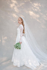 Long Sleeve Wedding Dress Ivory Lace A Line Bridal Gown