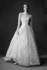 Long Sleeve Wedding Dress Lace High Neck A Line Bridal Gown
