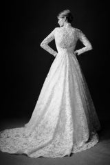 Long Sleeve Wedding Dress Lace High Neck A Line Bridal Gown