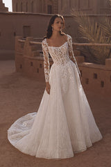 Dreamyannie Long Sleeve Wedding Dress Tulle A Line Bridal Gown