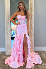 Dreamyannie Pink Prom Dress Ruffled Mermaid Long Satin Formal Dress With Slit