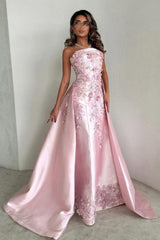 Luxurious A-Line Strapless Satin Pink Party Dress With Court Train Appliques Formal Evening Gown