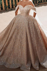 Luxurious Off The Shoulder Sequins Ball Gowns For Women A Line Satin Wedding Dress