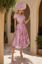 Luxurious V Neck A Line Tea Length Mother of the Bride Dresses with Bow & Embroidery