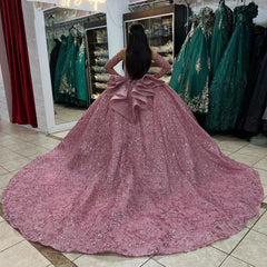 Luxuru & Glamorous Ball Gown Strapless Detachable Sleeves Fulle Sequins Beaded Dusty Pink Tulle Princess Party Gownquinceanera Dress For Sweet 16