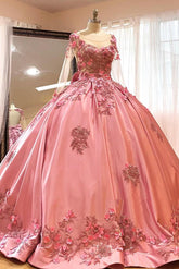 Luxury Ball Gown Flower Round Neck Long Sleeves Flower Lace Appliques Beaded Backless Sweep Train Pink Satin Quinceanera Dress For Sweet 16