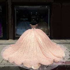 Luxury Ball Gown Off Shoulder 3D Floral Applique Beaded Pink Tulle Quinceanera Dress Princess Party Gown For Sweet 16