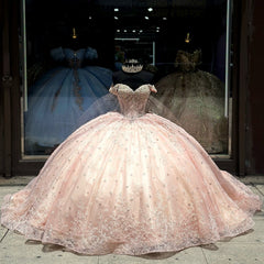 Luxury Ball Gown Off Shoulder 3D Floral Applique Beaded Pink Tulle Quinceanera Dress Princess Party Gown For Sweet 16