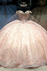 Luxury Ball Gown Off Shoulder 3D Floral Applique Beaded Pink Tulle Quinceanera Dress Princess Party Gown For Sweet 16