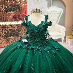 Luxury Ball Gown Off Shoulder 3D Flower Appliques Beaded Emerald Green Tulle Quinceanera Dress For Sweet 16 Wedding Party Gown