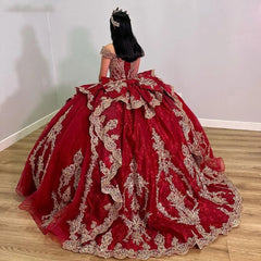 Luxury Ball Gown Off Shoulder Cap Sleeveless Lace Appliques Red Tulle Quinceanera Dress Birthday Prom Party Gown For Sweet 16
