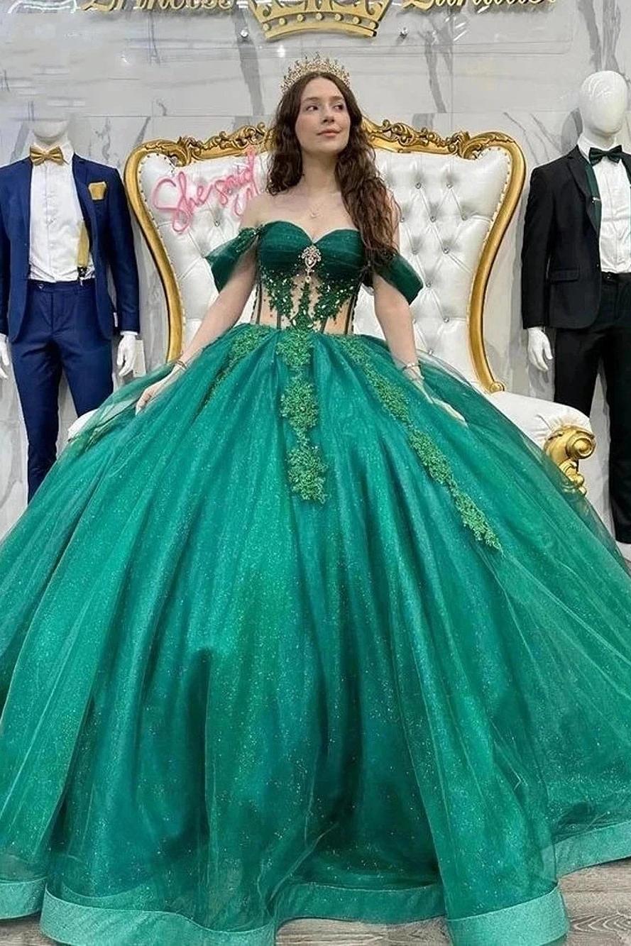Luxury Ball Gown Off Shoulder Floral Lace Appliques Corset Beaded Emerald Green Tulle Quinceanera Dress For Sweet 16