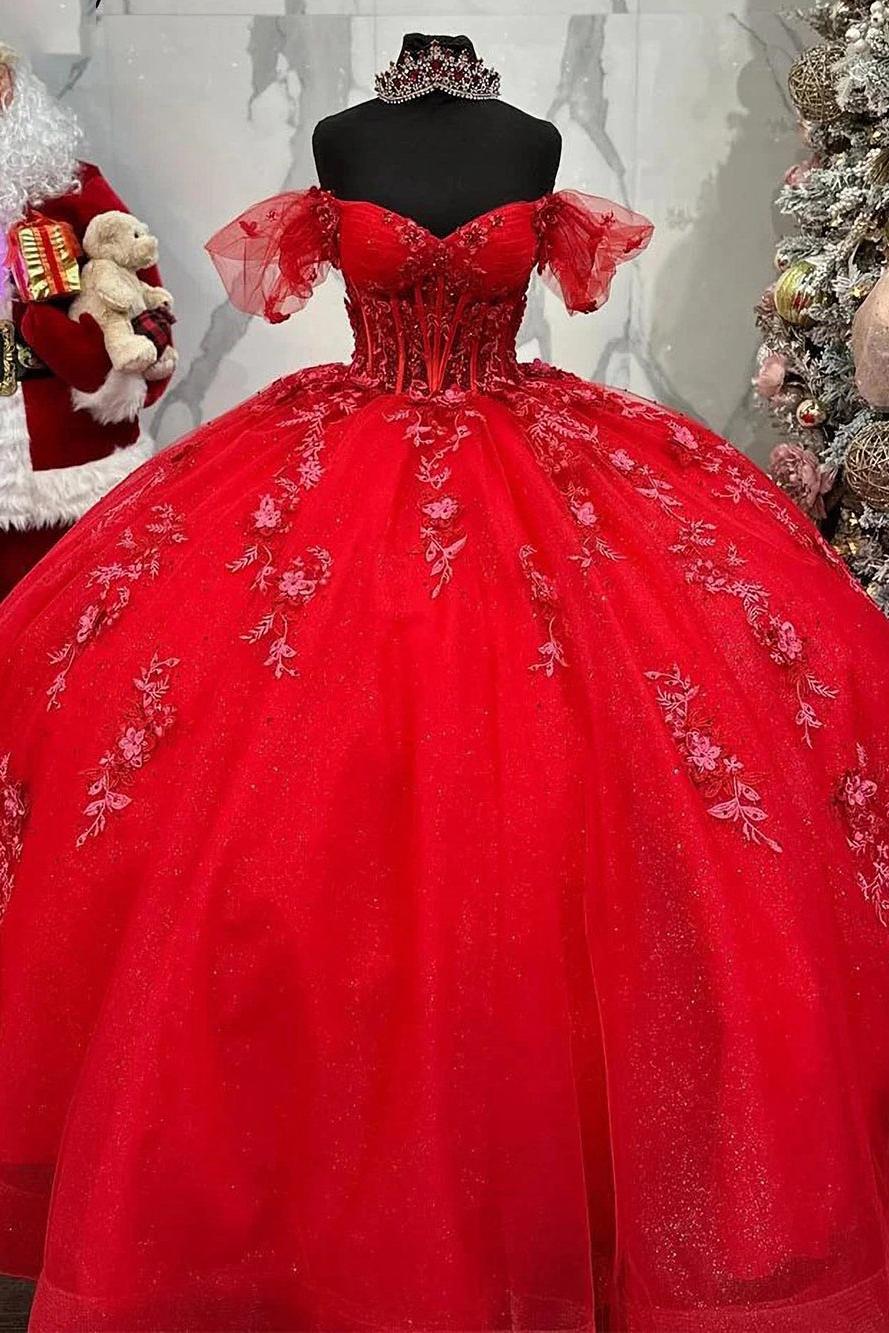 Luxury Ball Gown Off Shoulder Lace Applique Beaded Red Tulle Quinceanera Dress Princess Birthday Gown For Sweet 16