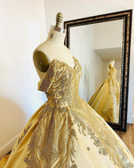 Luxury Ball Gown Off Shoulder Sleeveless Appliques Gold Satin Quinceanera Dress For Sweet 16