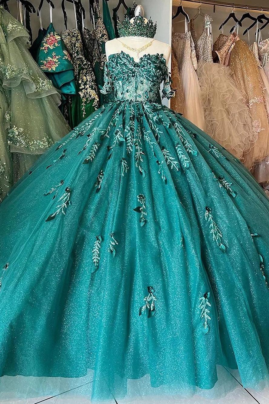 Luxury Ball Gown Off Shoulder Sweetheart Neck Beaded Flowers Lace Applique Emerald Green Tulle Princess Quinceanera Dresses For Sweet 16