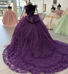 Luxury Ball Gown Strapless Straps Sleeveless Bow Knot 3D Butterfly Appliques Purple Tulle Quinceanera Dress Princess Party Dress For Sweet 16