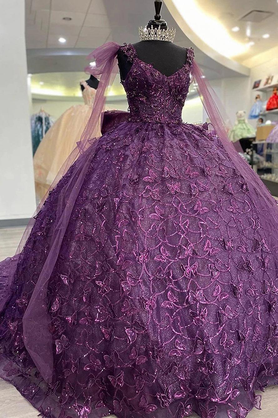 Luxury Ball Gown Strapless Straps Sleeveless Bow Knot 3D Butterfly Appliques Purple Tulle Quinceanera Dress Princess Party Dress For Sweet 16