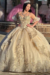 Luxury Ball Gown Sweetheart Neck Detachable Sleeves Lace Appliques Beaded Tiered Champagne Quinceanera Dress Birthday Evening Party Dress For Sweet 16