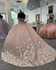 Luxury Ball Gown Sweetheart Neck Off Shoulder Lace Appliques Beaded Pink Tulle Quinceanera Dress Princess Prom Party Gown For Sweet 16