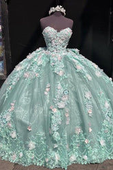Luxury Ball Gown Sweetheart Neck Sleeveless 3D Colorful Flower Appliques Lace Up Bown Knot Mint Green Tulle Quinceanera Dress Birthday Party Gown For Sweet 16