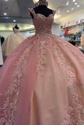 Luxury Ball Gown Sweetheart Neck Straps Sleeveless Lace Appliques Beaded Pink Tulle Birthday Party Princess Dress Quinceanera Dress For Sweet 16