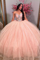 Luxury & Elegant Ball Gown Strapless Lace Appliques Beaded Pink Tulle Princess Quinceanera Dress Formal Evening Party Gown For Sweet 16