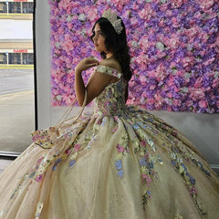 Luxury & Glamorous Ball Gown Off Shoulder 3D Floral Applique Beaded Tulle Quinceanera Dress Birthday Party Gown For Sweet 16