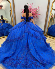 Luxury & Glamorous Ball Gown Off Shoulder Lace Appliques Beaded Tiered Glitter Ruffles Royal Blue Tulle Quinceanera Dress Evening Party Gown For Sweet 16