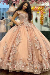 Luxury & Glamorous Ball Gown Off Shoulder Sleeveless 3D Flowers Lace Appliques Champagne Tulle Princess Evening Party Dress Quinceanera Dresses For Sweet 16