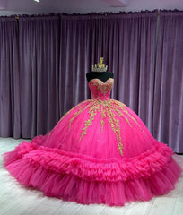 Luxury & Glamorous Ball Gown Strapless Gold Lace Appliques Tiered Ruffle Beaded Hot Pink Tulle Quinceanera Dress Birthday Party Gown For Sweet 16