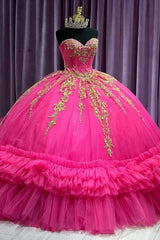 Luxury & Glamorous Ball Gown Strapless Gold Lace Appliques Tiered Ruffle Beaded Hot Pink Tulle Quinceanera Dress Birthday Party Gown For Sweet 16