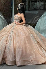 Luxury & Glamorous Ball Gown Sweetheart Neck Sleeveless Lace Applique Beaded Champagne Sequins Quinceanera Dress For Sweet 16