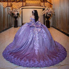 Luxury & Glitter Ball Gown Off Shoulder Beaded 3D Floral Lace Applique Tiered Ruffles Purple Sequins Quinceanera Dress Birthday Party Gown For Sweet 16