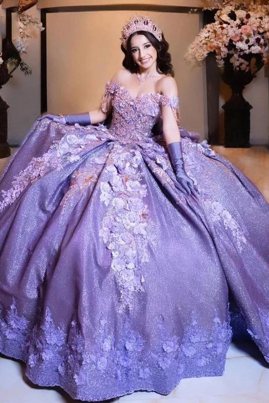 Luxury & Glitter Ball Gown Off Shoulder Beaded 3D Floral Lace Applique Tiered Ruffles Purple Sequins Quinceanera Dress Birthday Party Gown For Sweet 16