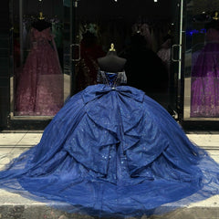 Luxury & Glitter Ball Gown Off Shoulder Beaded Bow Knot Dark Navy Tulle Quinceanera Dress Princess Party Gown For Sweet 16