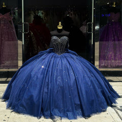Luxury & Glitter Ball Gown Off Shoulder Beaded Bow Knot Dark Navy Tulle Quinceanera Dress Princess Party Gown For Sweet 16