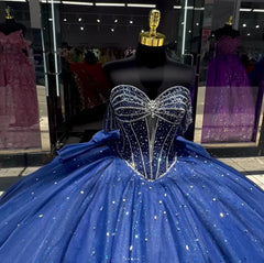 Luxury & Glitter Ball Gown Off Shoulder Beaded Bow Knot Dark Navy Tulle Quinceanera Dress Princess Party Gown For Sweet 16