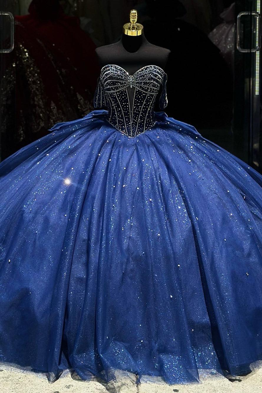 Luxury & Glitter Ball Gown Off Shoulder Beaded Bow Knot Dark Navy Tulle Quinceanera Dress Princess Party Gown For Sweet 16