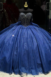 Luxury & Glitter Ball Gown Off Shoulder Beaded Bow Knot Dark Navy Tulle Quinceanera Dress Princess Party Gown For Sweet 16