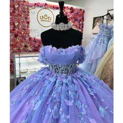 Luxury & Gorgeous Ball Gown Off Shoulder 3D Floral Lace Appliques Beaded Purple Tulle Quinceanera Dress Princess Party Gown For Sweet 16