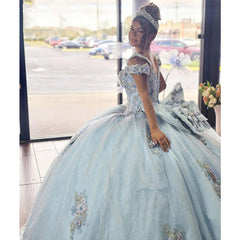 Luxury & Gorgeous Ball Gown Off Shoulder Beaded Flowers Appliques Sky Blue Tulle Quinceanera Dress Princess Birthday Party Gown For Sweet 16