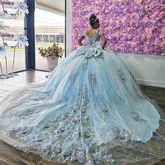 Luxury & Gorgeous Ball Gown Off Shoulder Beaded Flowers Appliques Sky Blue Tulle Quinceanera Dress Princess Birthday Party Gown For Sweet 16