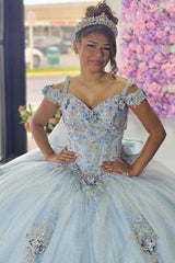 Luxury & Gorgeous Ball Gown Off Shoulder Beaded Flowers Appliques Sky Blue Tulle Quinceanera Dress Princess Birthday Party Gown For Sweet 16