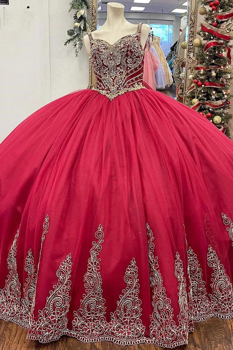 Luxury & Gorgeous Ball Gown Sweetheart Neck Spaghetti Straps Flower Lace Appliques Beaded Red Tulle Quinceanera Dress Princess Birthday Party Gown For Sweet 16